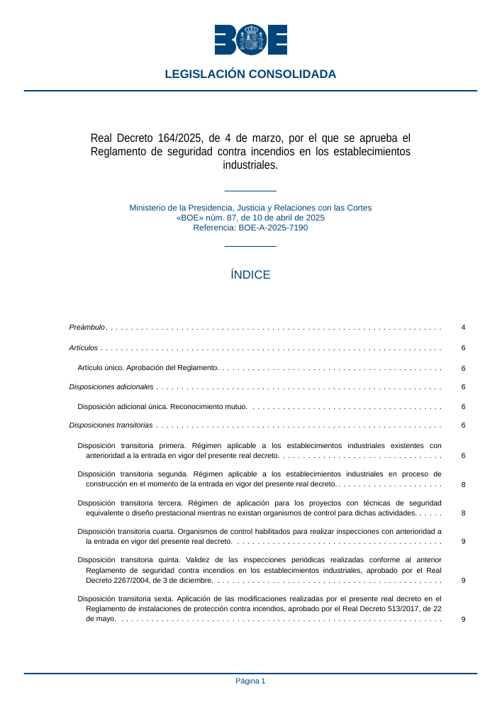 Primera página oficial del RSCIEI, publicada por el BOE